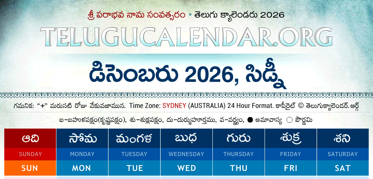 Sydney Telugu Calendar 2026 December