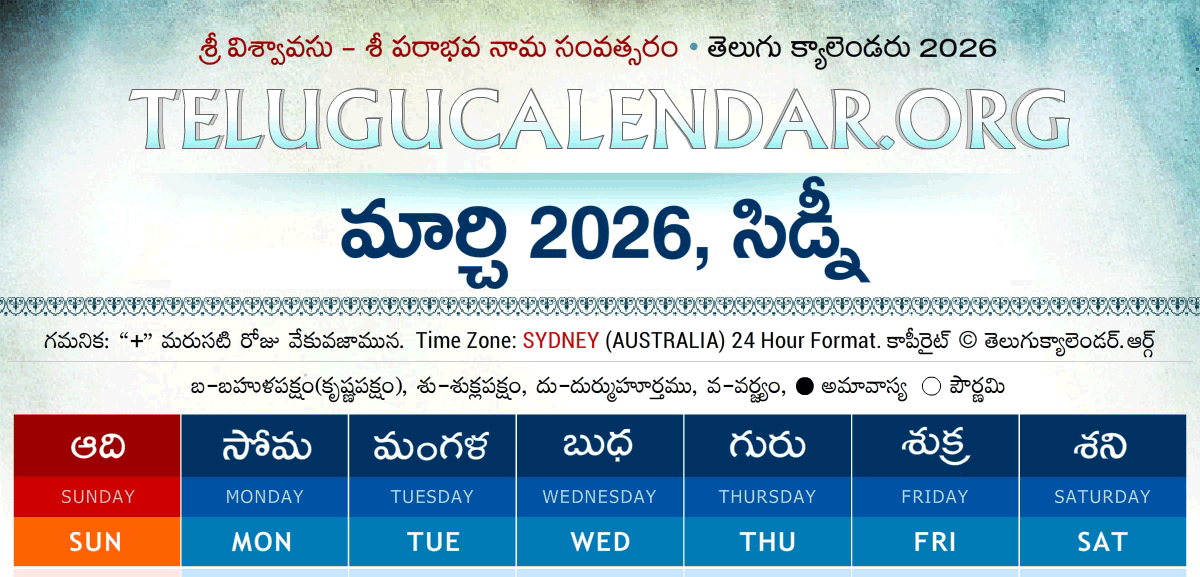 Sydney Telugu Calendar 2026 March
