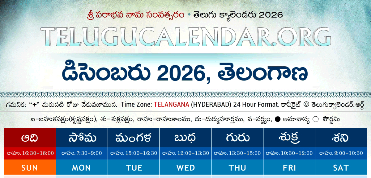 Telangana Telugu Calendar 2026 December
