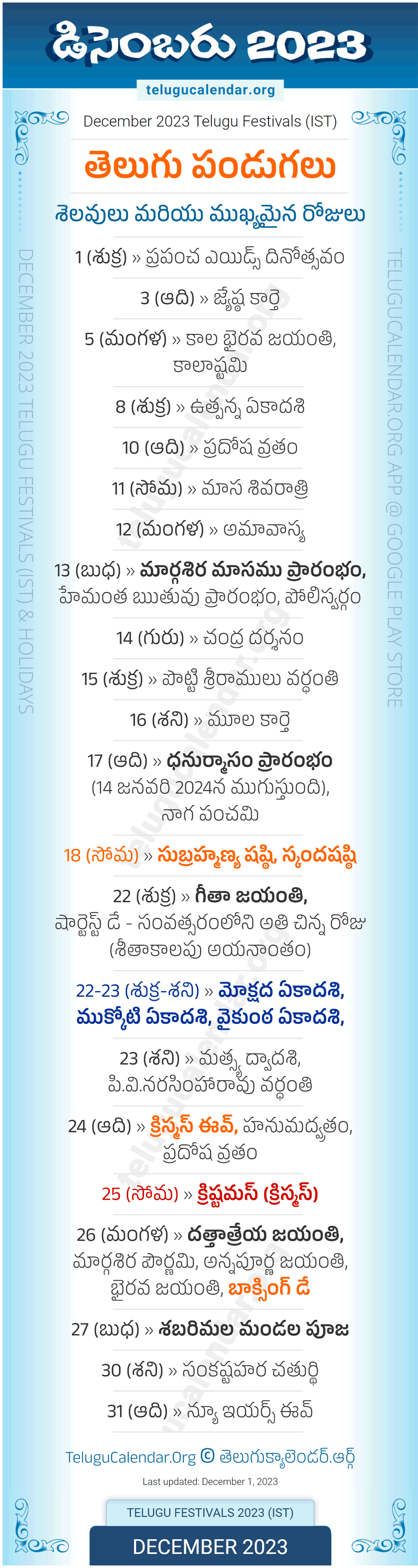 Telugu Festivals 2023 December