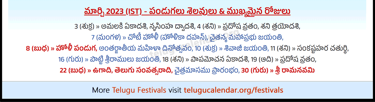 Telugu Festivals (IST) 2023 March