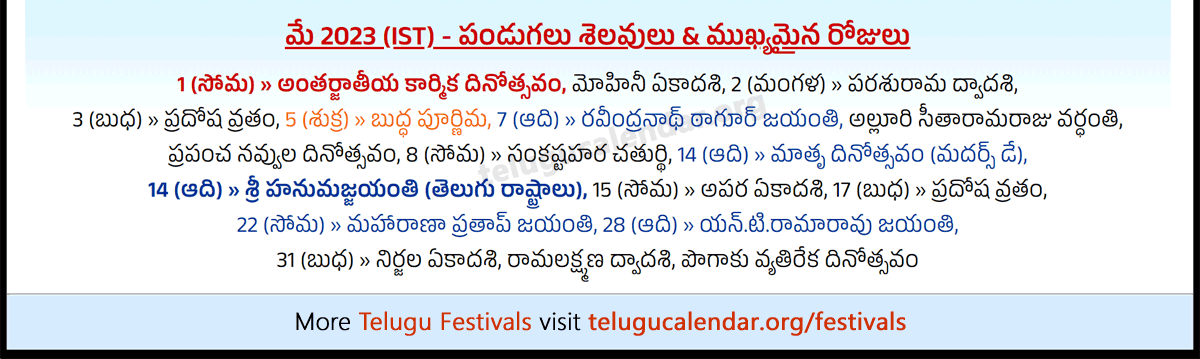 Telugu Festivals (IST) 2023 May