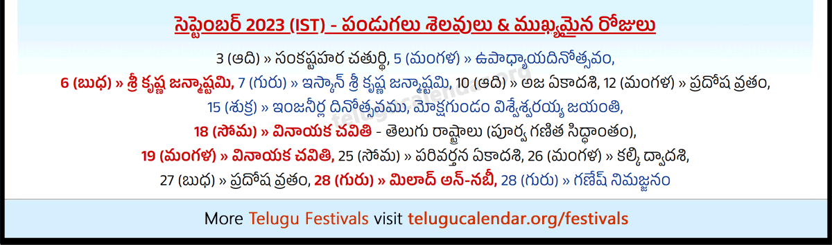 Telugu Festivals (IST) 2023 September