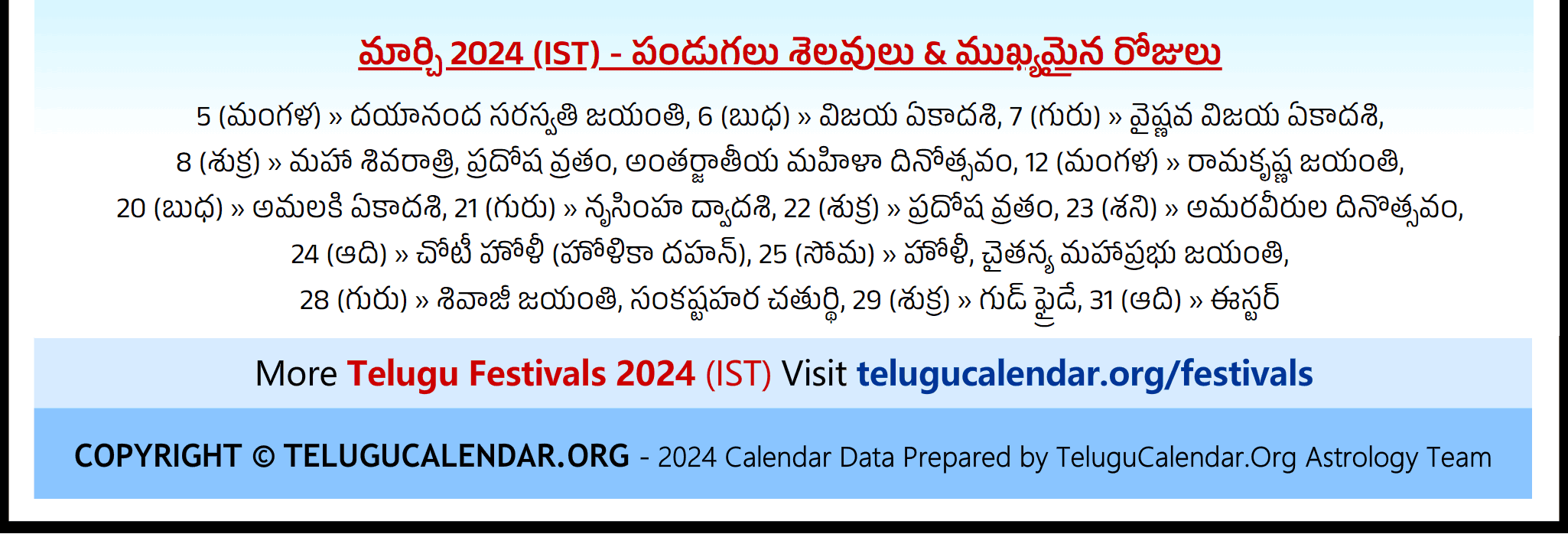 Telugu Festivals (IST) 2024 March