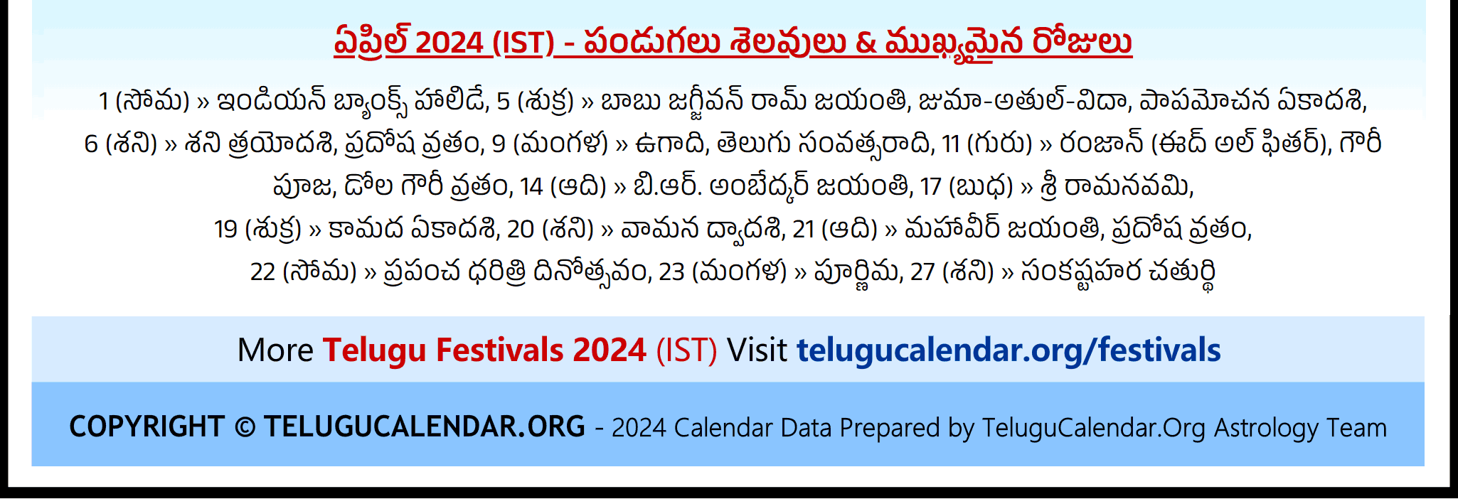 Telugu Festivals (IST) 2024 April