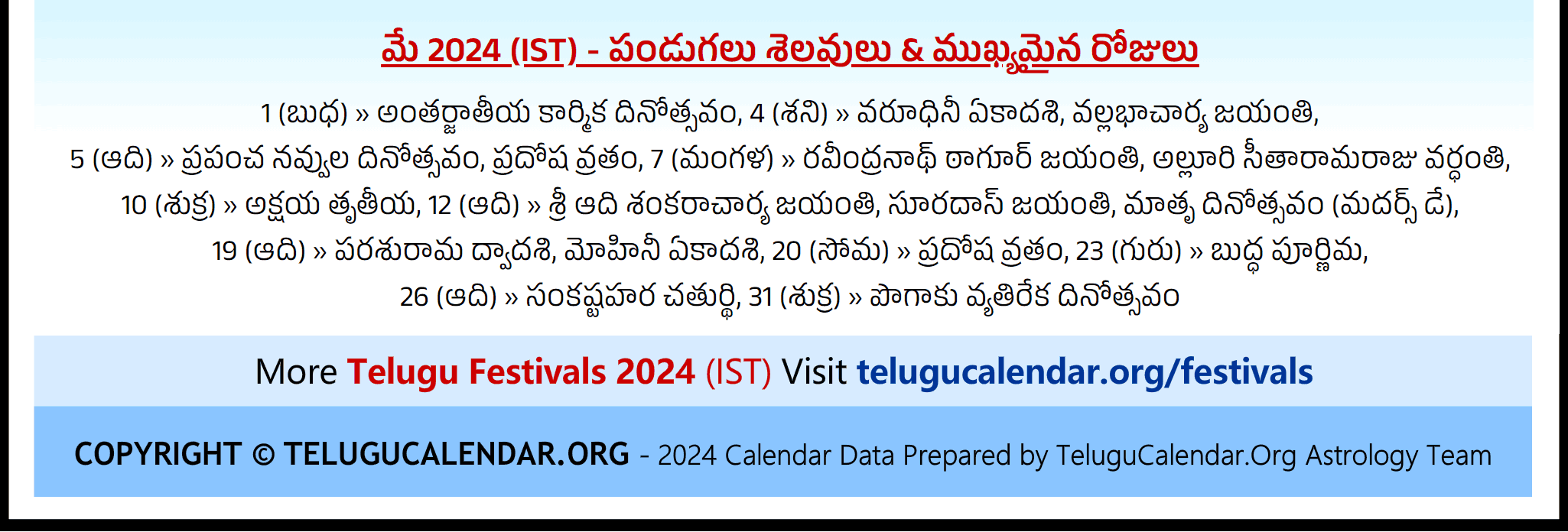 Telugu Festivals (IST) 2024 May