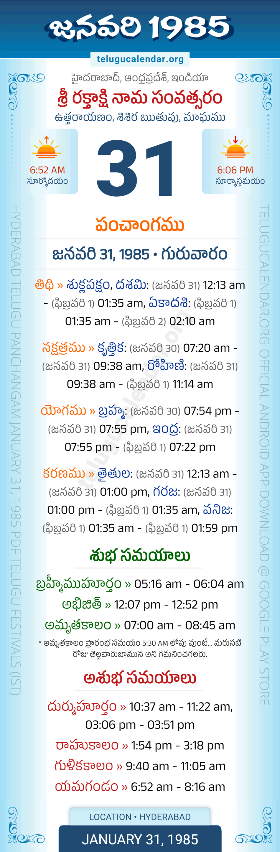 January 31 1985 Telugu Calendar Panchangam Andhra Pradesh January 31 1985 Telugu Calendar Panchangam Andhra Pradesh