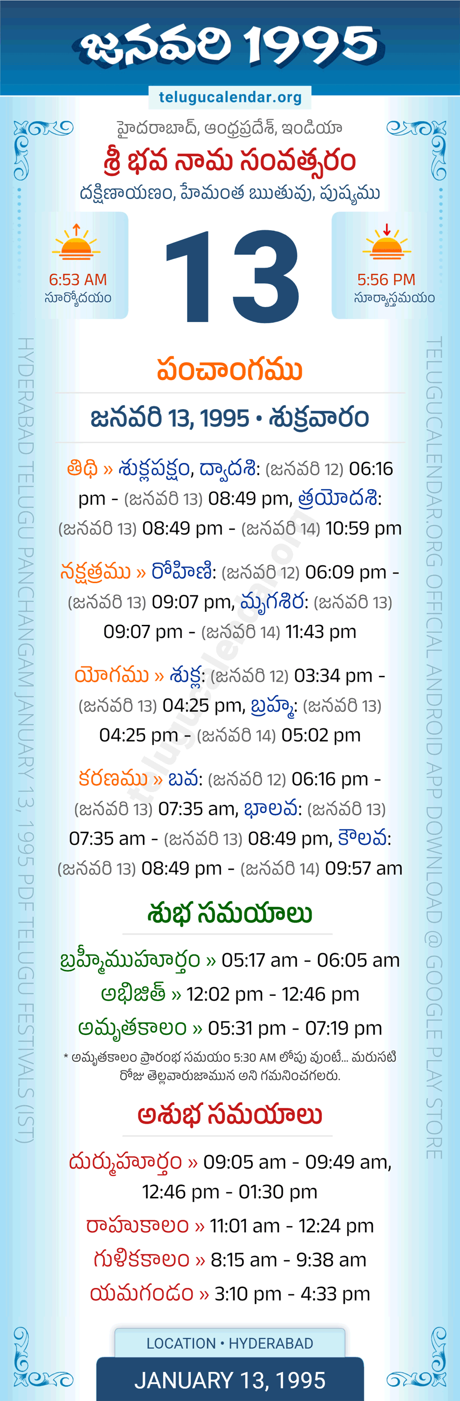 January 13 1995 Telugu Calendar Panchangam Andhra Pradesh