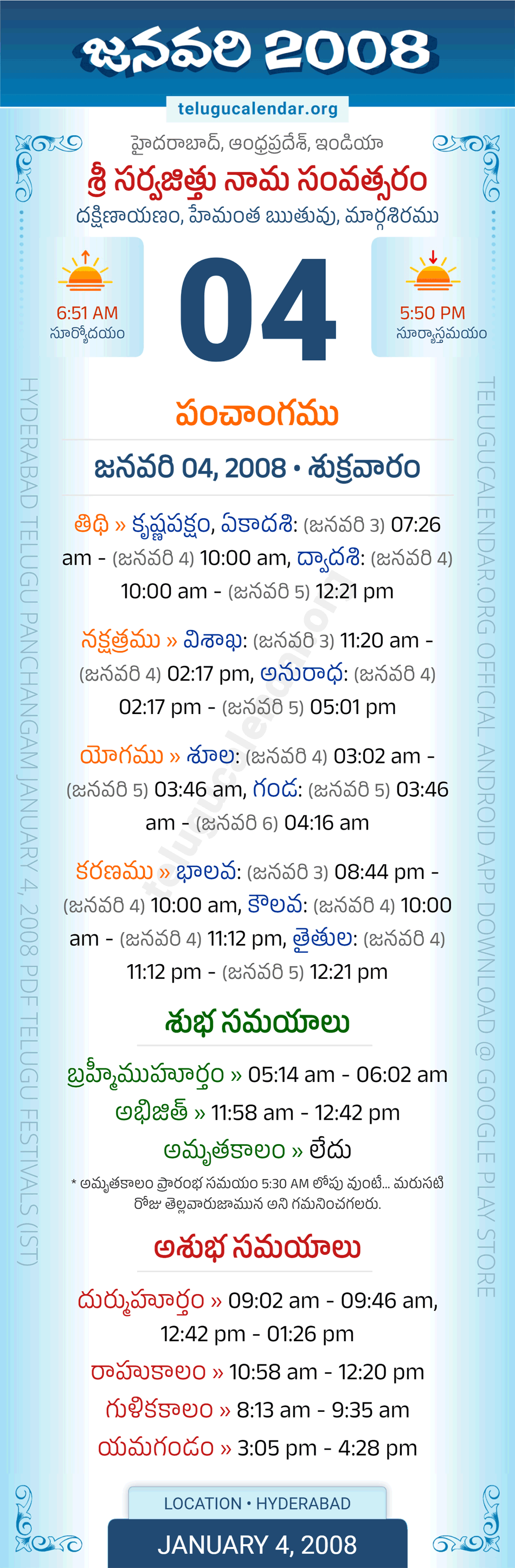 January 4, 2008 Telugu Calendar Panchangam Andhra Pradesh