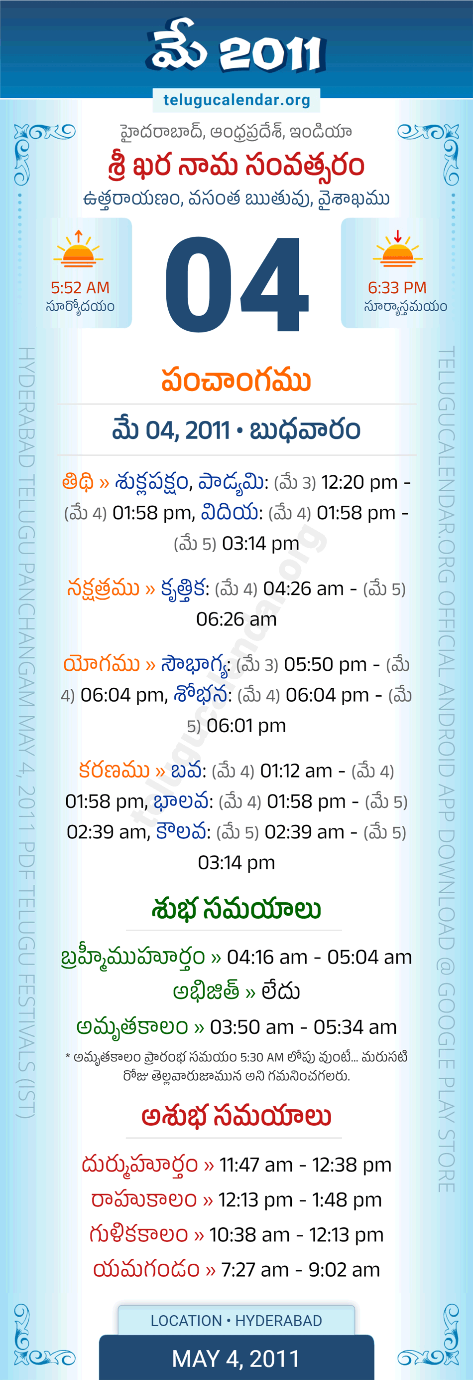 May 4 2011 Telugu Calendar Panchangam Andhra Pradesh
