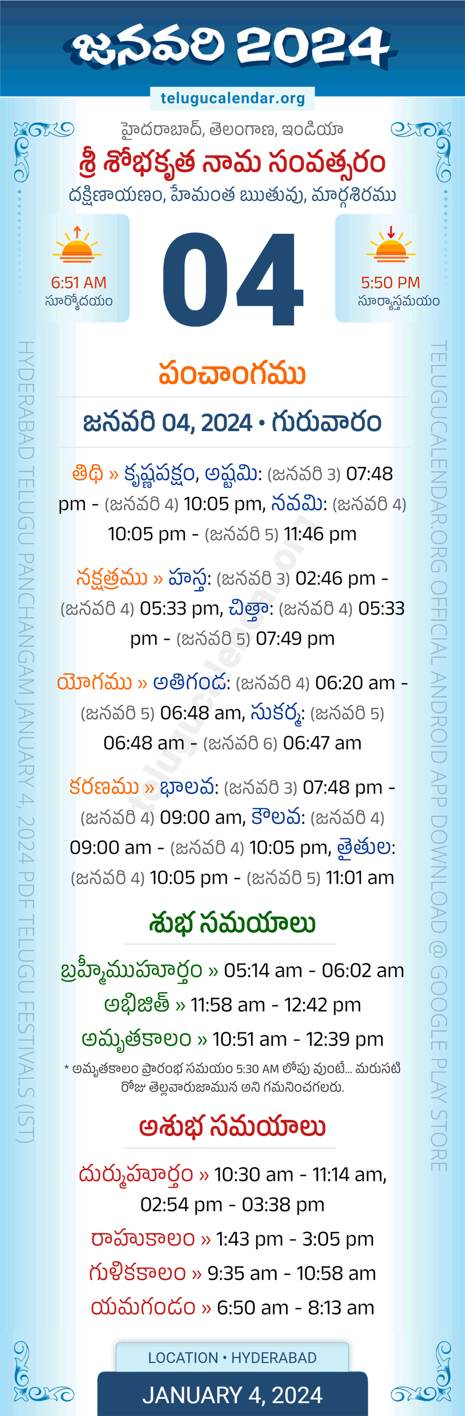 January 4, 2024 Telugu Calendar Panchangam Telangana